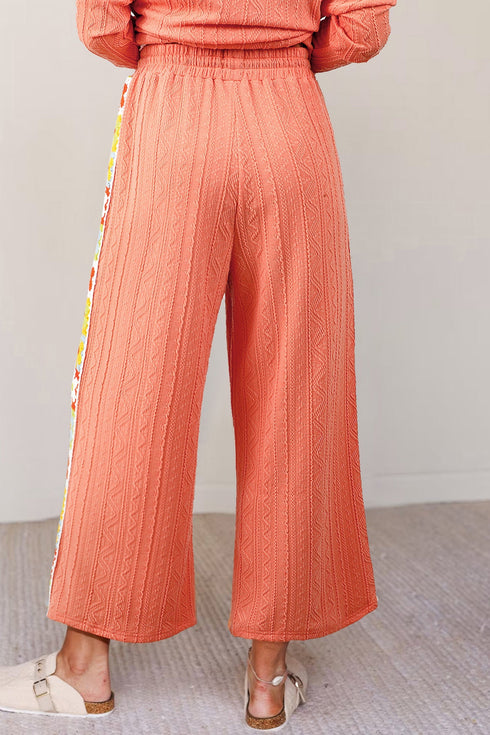 Crochet Floral Accent Textured Wide Leg Pants Set