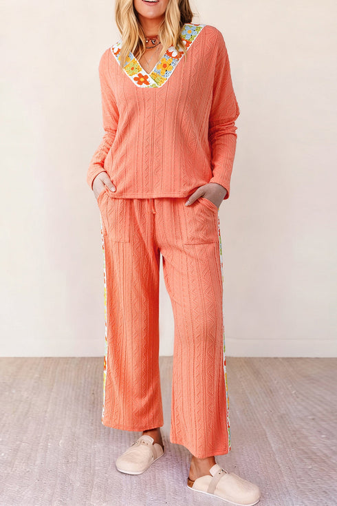 Crochet Floral Accent Textured Wide Leg Pants Set