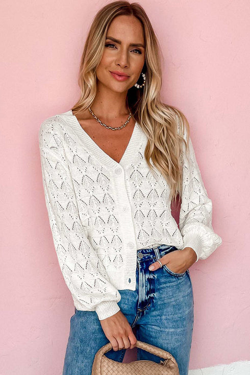 Crochet Knit V-Neck Button Front Long Sleeve Lightweight Cardigan Sweater