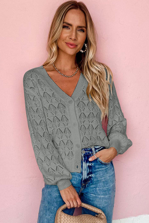 Crochet Knit V-Neck Button Front Long Sleeve Lightweight Cardigan Sweater