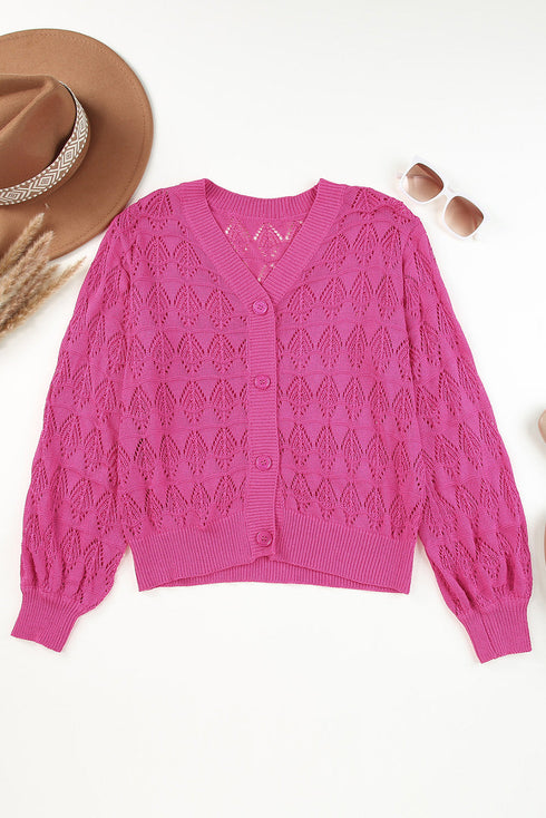 Crochet Knit V-Neck Button Front Long Sleeve Lightweight Cardigan Sweater