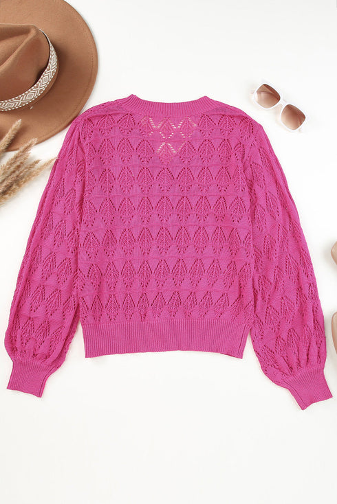 Crochet Knit V-Neck Button Front Long Sleeve Lightweight Cardigan Sweater