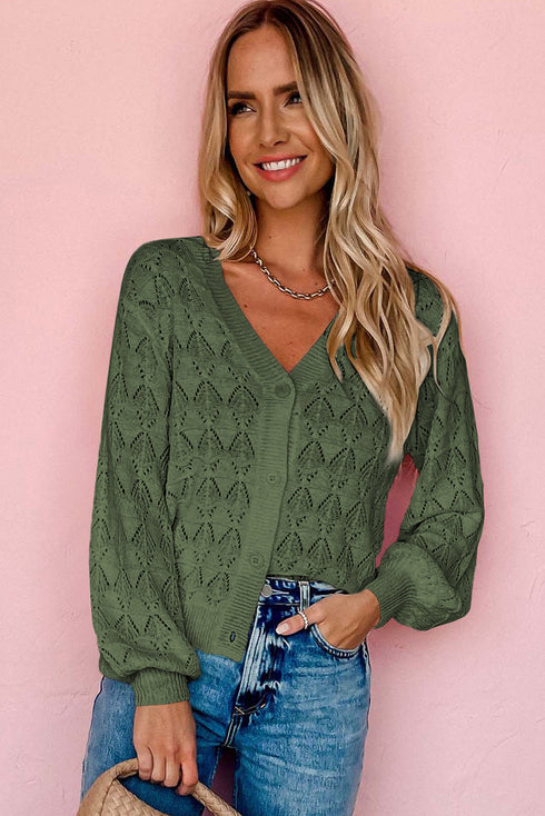 Crochet Knit V-Neck Button Front Long Sleeve Lightweight Cardigan Sweater