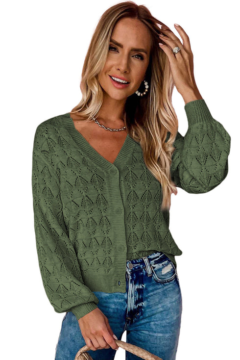 Crochet Knit V-Neck Button Front Long Sleeve Lightweight Cardigan Sweater