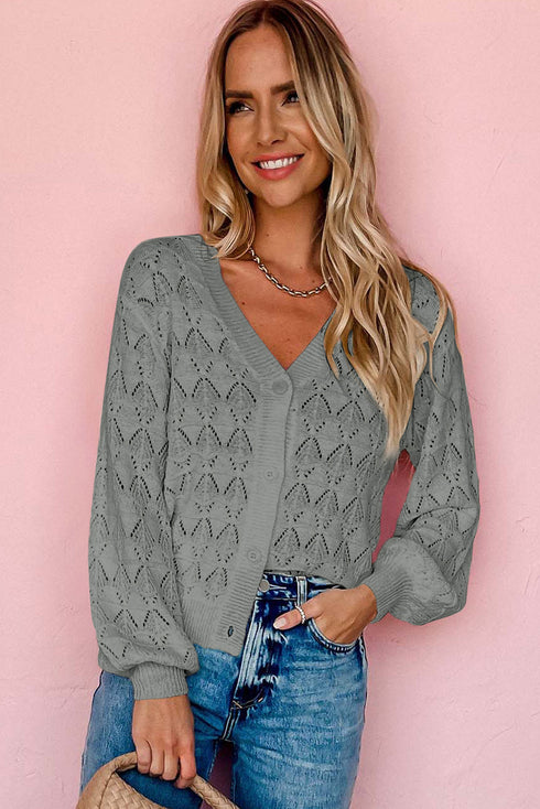 Crochet Knit V-Neck Button Front Long Sleeve Lightweight Cardigan Sweater