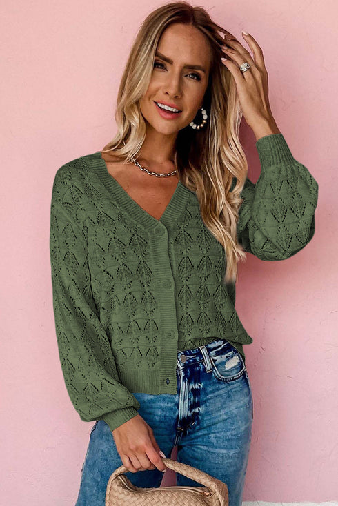 Crochet Knit V-Neck Button Front Long Sleeve Lightweight Cardigan Sweater