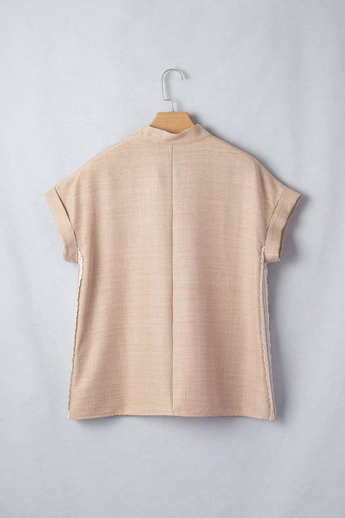 Crochet Lace Accent Rolled Short Sleeve Pullover Blouse