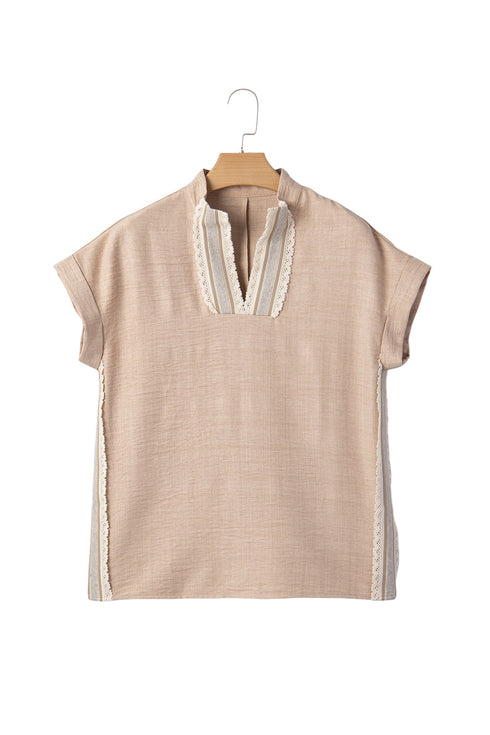 Crochet Lace Accent Rolled Short Sleeve Pullover Blouse