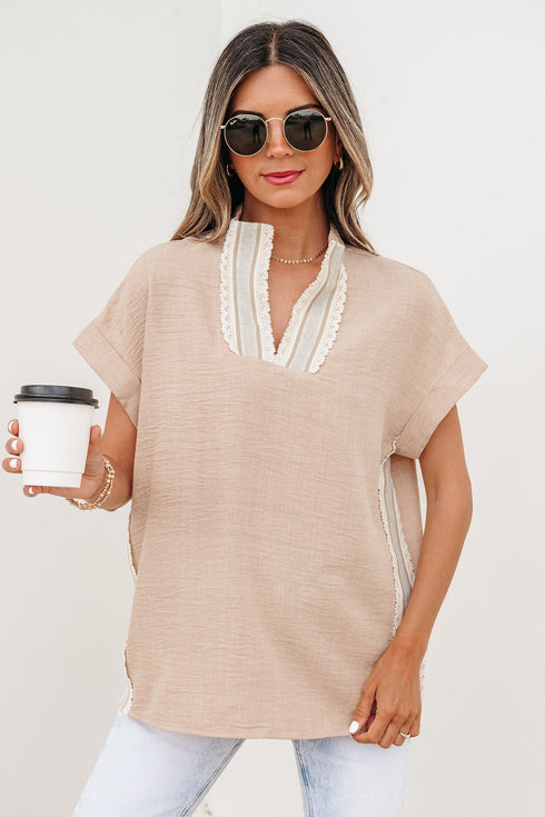 Crochet Lace Accent Rolled Short Sleeve Pullover Blouse