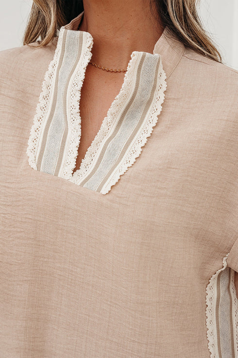 Crochet Lace Accent Rolled Short Sleeve Pullover Blouse
