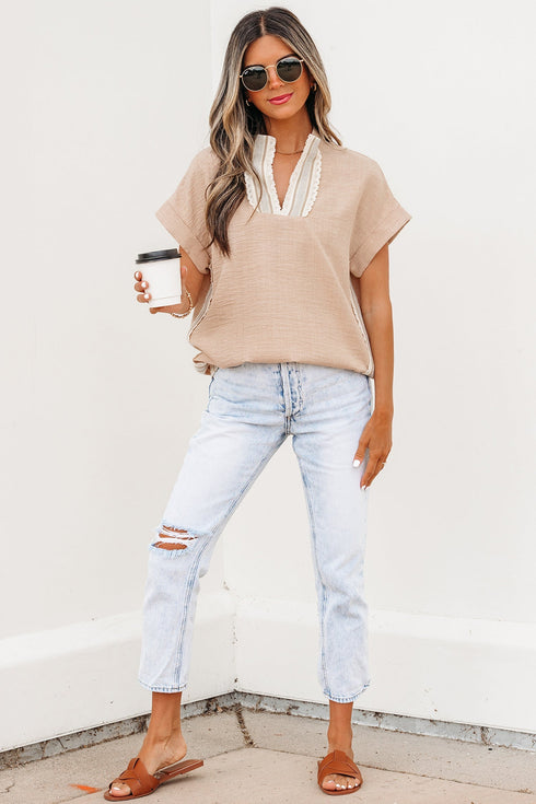 Crochet Lace Accent Rolled Short Sleeve Pullover Blouse