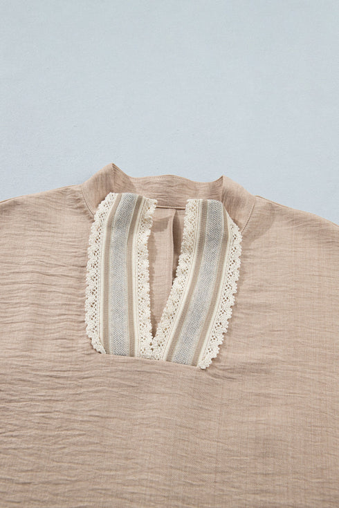 Crochet Lace Accent Rolled Short Sleeve Pullover Blouse