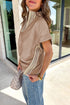 Crochet Lace Accent Rolled Short Sleeve Pullover Blouse