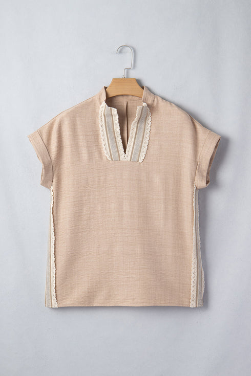 Crochet Lace Accent Rolled Short Sleeve Pullover Blouse