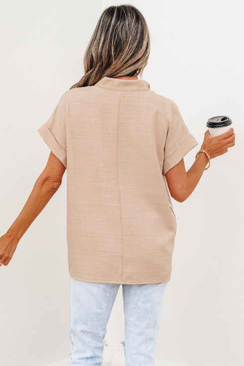 Crochet Lace Accent Rolled Short Sleeve Pullover Blouse