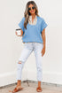 Crochet Lace Accent Rolled Short Sleeve Pullover Blouse