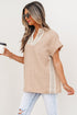Crochet Lace Accent Rolled Short Sleeve Pullover Blouse