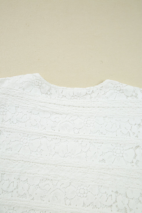Crochet Lace Round Neck Puff Sleeve Shift Mini Dress