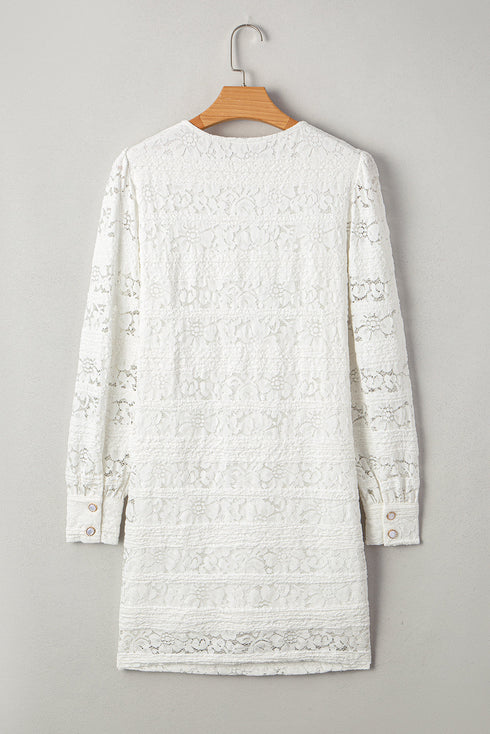 Crochet Lace Round Neck Puff Sleeve Shift Mini Dress