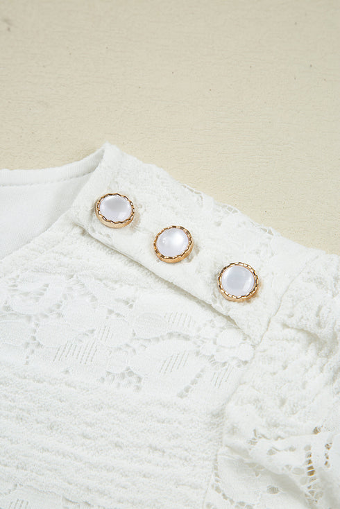 Crochet Lace Round Neck Puff Sleeve Shift Mini Dress