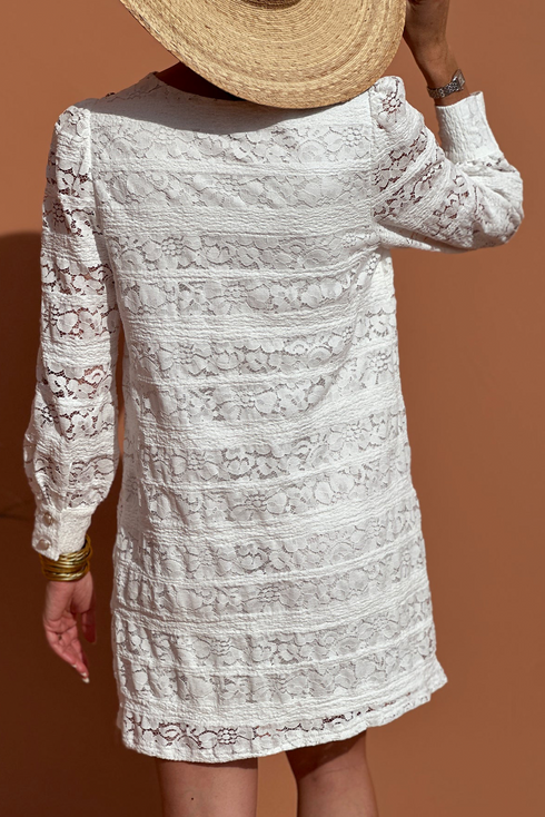 Crochet Lace Round Neck Puff Sleeve Shift Mini Dress