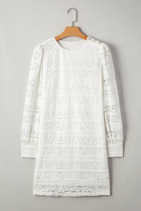 Crochet Lace Round Neck Puff Sleeve Shift Mini Dress