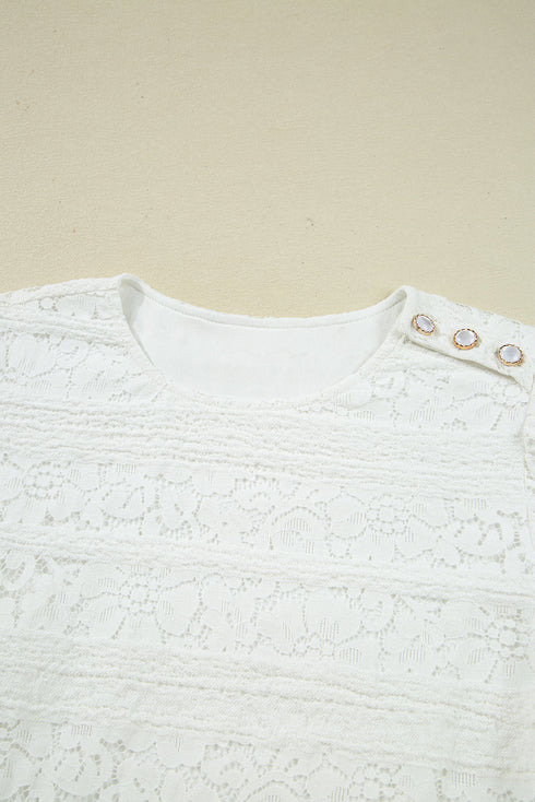 Crochet Lace Round Neck Puff Sleeve Shift Mini Dress