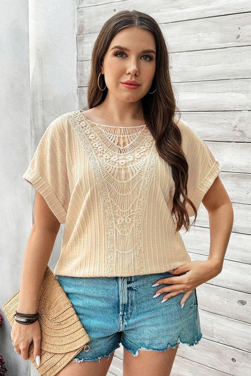 Crochet Patch Cable Textured Cuffed Short Sleeve Top