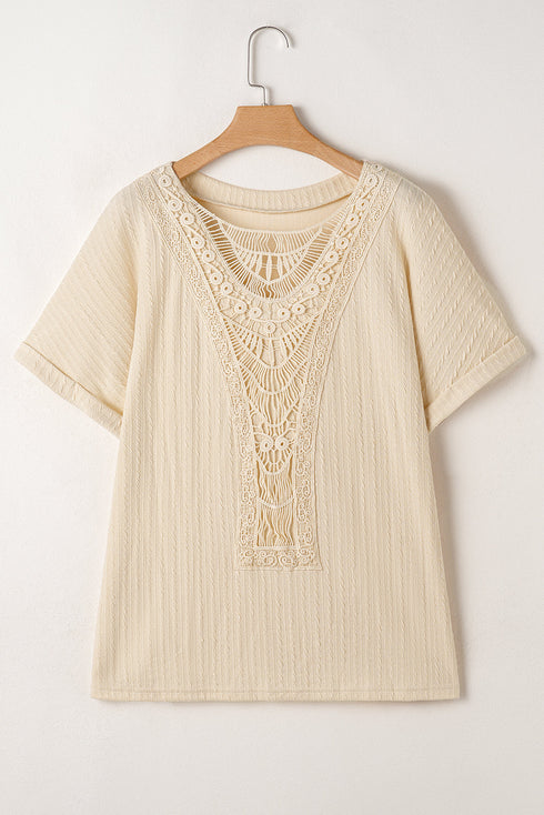 Crochet Patch Cable Textured Cuffed Short Sleeve Top