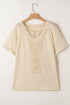 Crochet Patch Cable Textured Cuffed Short Sleeve Top