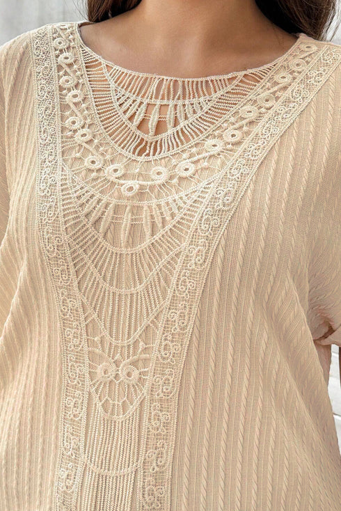 Crochet Patch Cable Textured Cuffed Short Sleeve Top