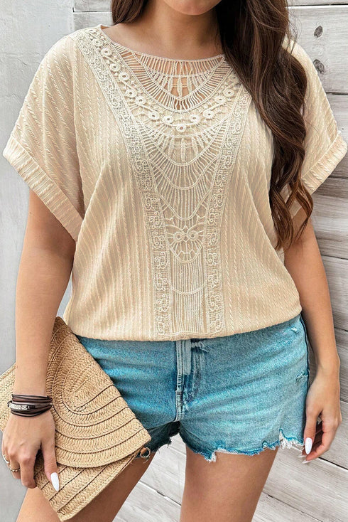 Crochet Patch Cable Textured Cuffed Short Sleeve Top