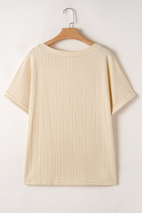 Crochet Patch Cable Textured Cuffed Short Sleeve Top
