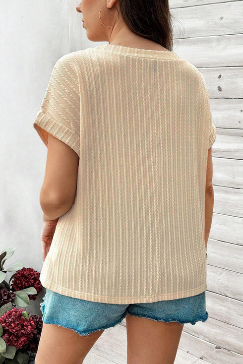 Crochet Patch Cable Textured Cuffed Short Sleeve Top