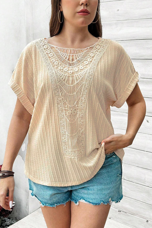 Crochet Patch Cable Textured Cuffed Short Sleeve Top