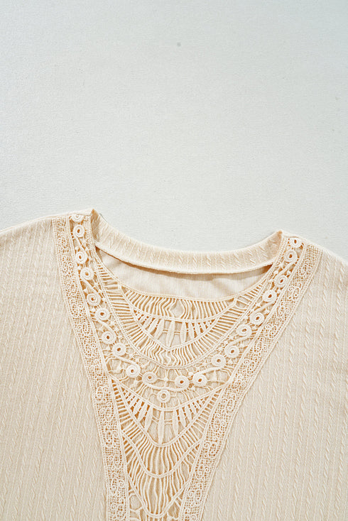 Crochet Patch Cable Textured Cuffed Short Sleeve Top