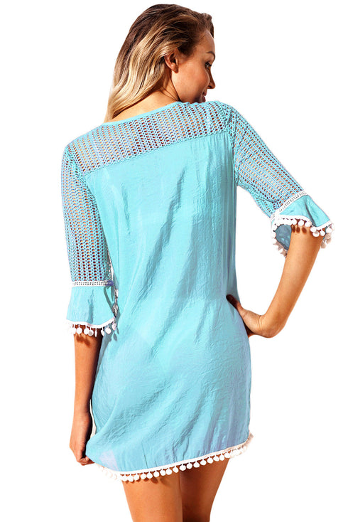Crochet Pom Pom Trim Beach Tunic Cover Up