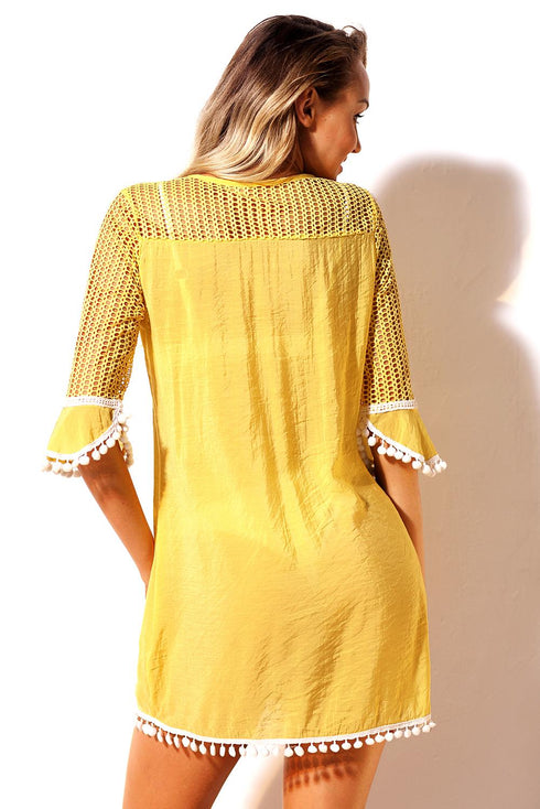 Crochet Pom Pom Trim Beach Tunic Cover Up