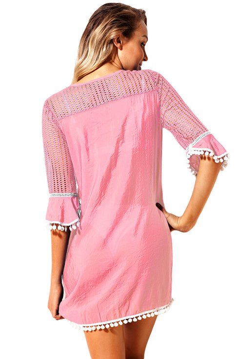 Crochet Pom Pom Trim Beach Tunic Cover Up