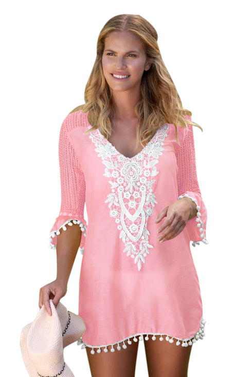 Crochet Pom Pom Trim Beach Tunic Cover Up