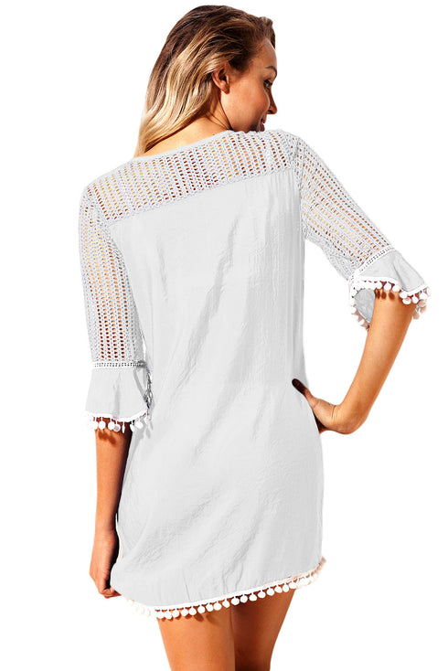 Crochet Pom Pom Trim Beach Tunic Cover Up