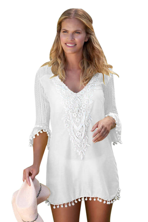 Crochet Pom Pom Trim Beach Tunic Cover Up