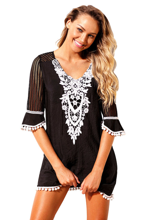 Crochet Pom Pom Trim Beach Tunic Cover Up