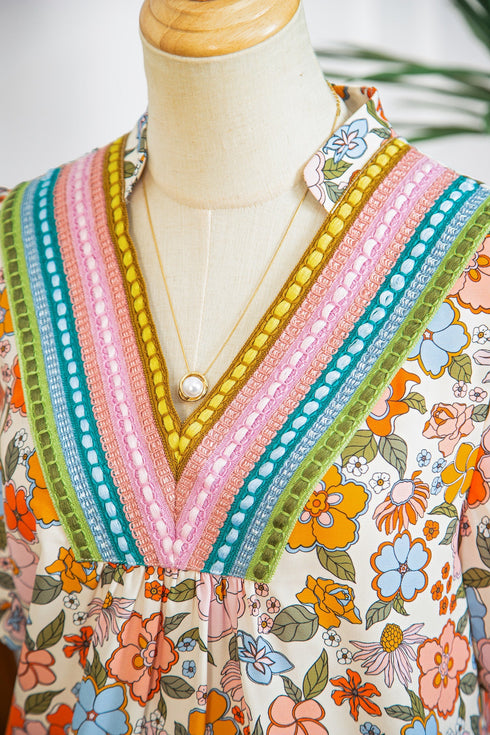 Crochet V Neck Puff Sleeve Floral Bohemian Blouse