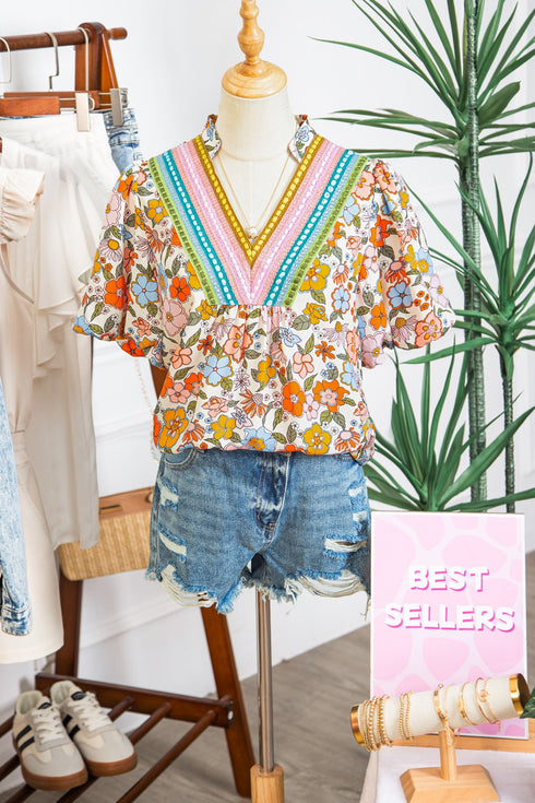 Crochet V Neck Puff Sleeve Floral Bohemian Blouse