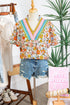 Crochet V Neck Puff Sleeve Floral Bohemian Blouse