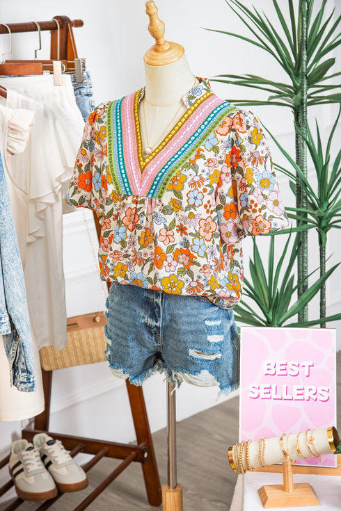 Crochet V Neck Puff Sleeve Floral Bohemian Blouse