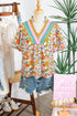 Crochet V Neck Puff Sleeve Floral Bohemian Blouse