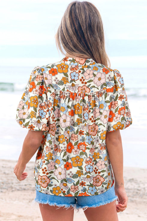 Crochet V Neck Puff Sleeve Floral Bohemian Blouse
