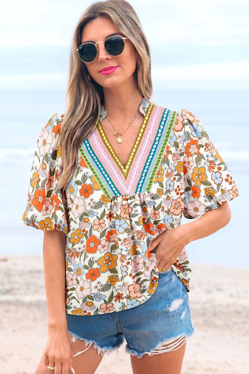 Crochet V Neck Puff Sleeve Floral Bohemian Blouse